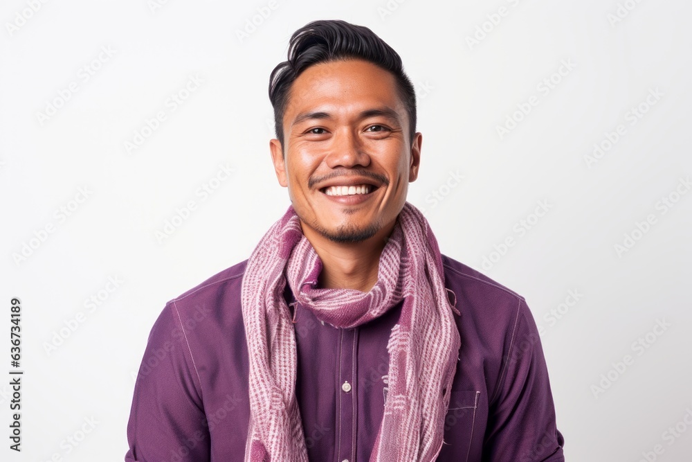 Portrait of a young handsome asian man smiling on white background