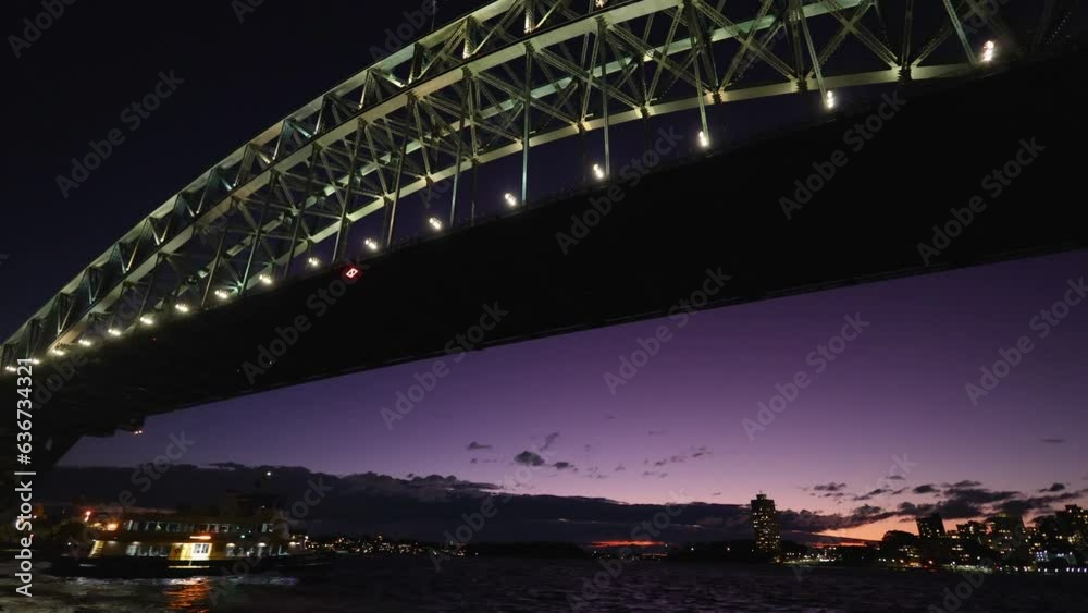 Aerial video of an illuminated Sydney Harbour Bridge at night, Australia Aerial video of an illuminated Sydney Harbour Bridge at night, Australia