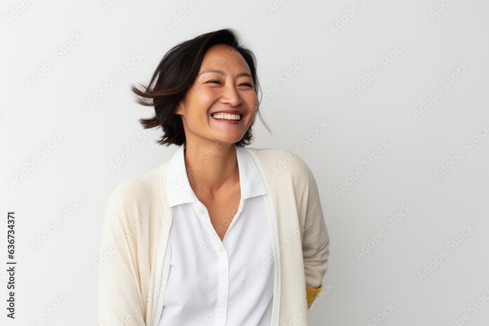 Portrait of a beautiful young asian woman laughing on white background