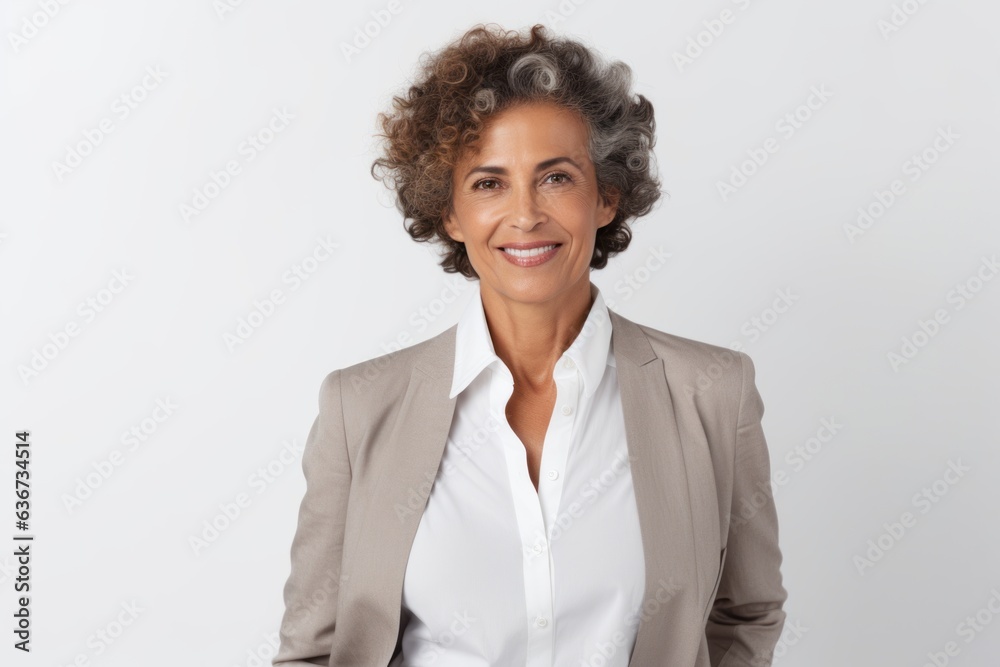 Portrait of smiling mature businesswoman with curly hair, looking at camera and smiling, standing over white background Portrait of smiling mature businesswoman with curly hair, looking at camera and smiling, standing over white background