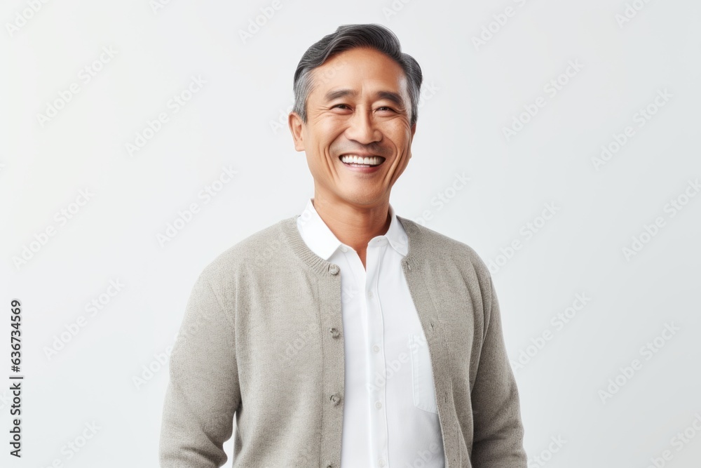 Portrait of smiling mature asian man in casual clothes, looking at camera and smiling, standing over white background Portrait of smiling mature asian man in casual clothes, looking at camera and smiling, standing over white background