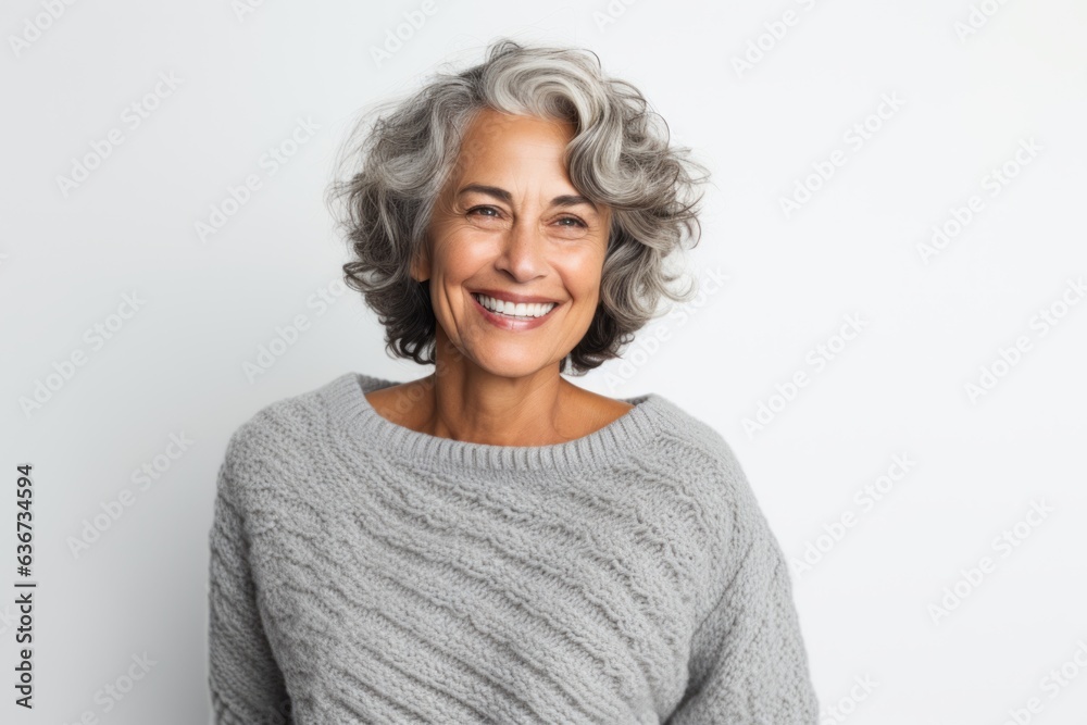 Portrait of a smiling senior woman with grey hair standing against white background Portrait of a smiling senior woman with grey hair standing against white background