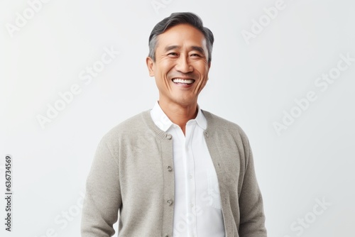 Portrait of smiling mature asian man in casual clothes, looking at camera and smiling, standing over white background