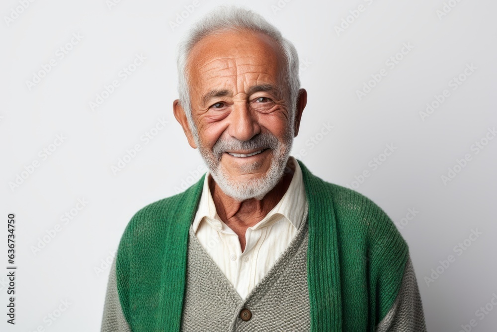Portrait of a senior asian man in green sweater on white background Portrait of a senior asian man in green sweater on white background