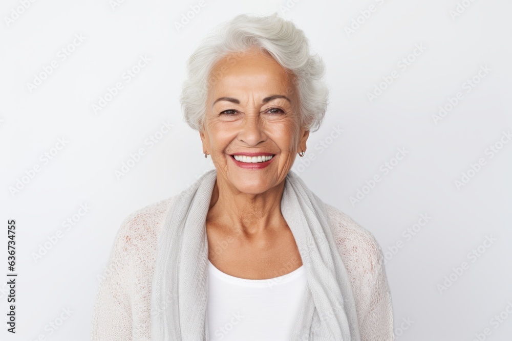 Portrait of happy senior woman with grey hair smiling at camera while standing against white background Portrait of happy senior woman with grey hair smiling at camera while standing against white background
