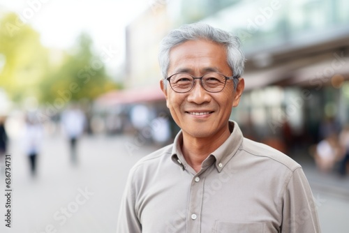 Portrait of happy asian senior man smiling at camera in city