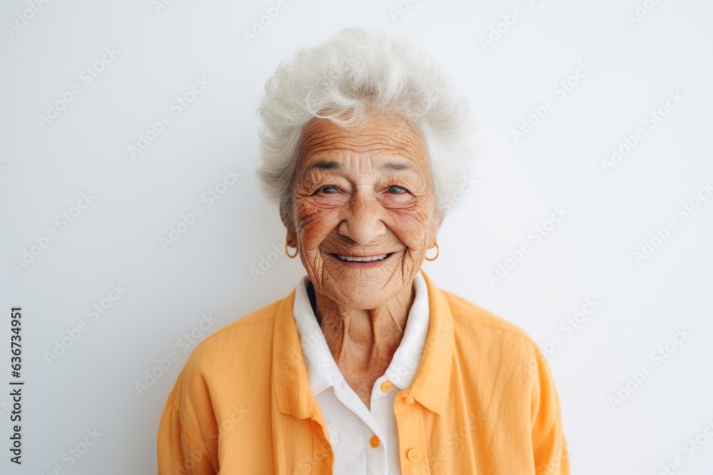 Portrait of a happy senior woman smiling at camera while standing against white background Portrait of a happy senior woman smiling at camera while standing against white background