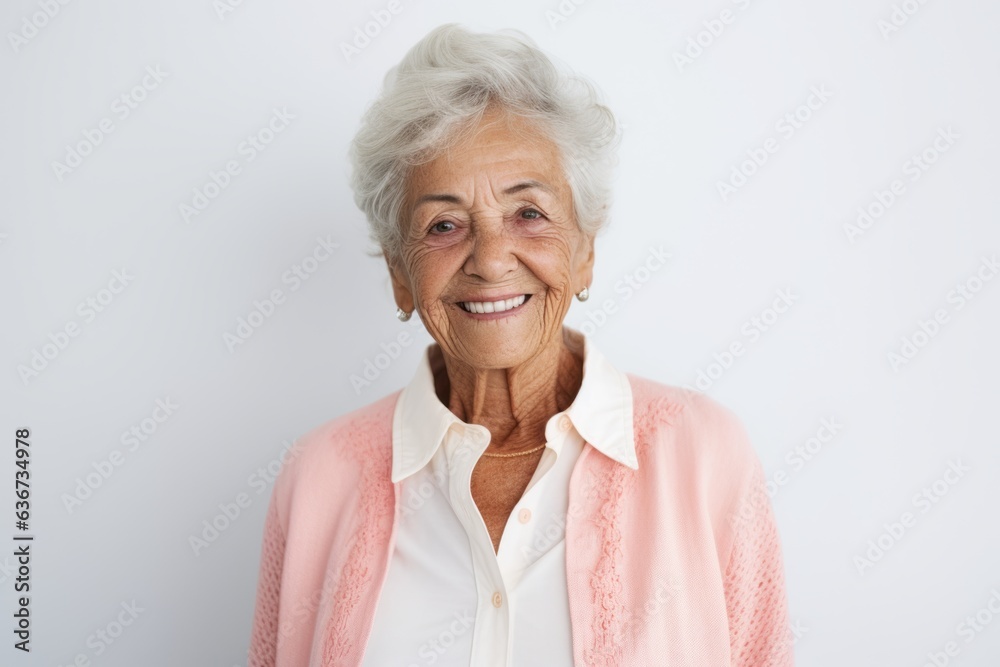 Portrait of smiling senior woman standing against white background, looking at camera Portrait of smiling senior woman standing against white background, looking at camera