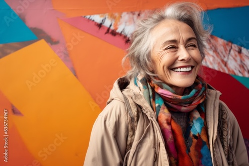smiling senior woman in coat and scarf looking at camera on colorful background