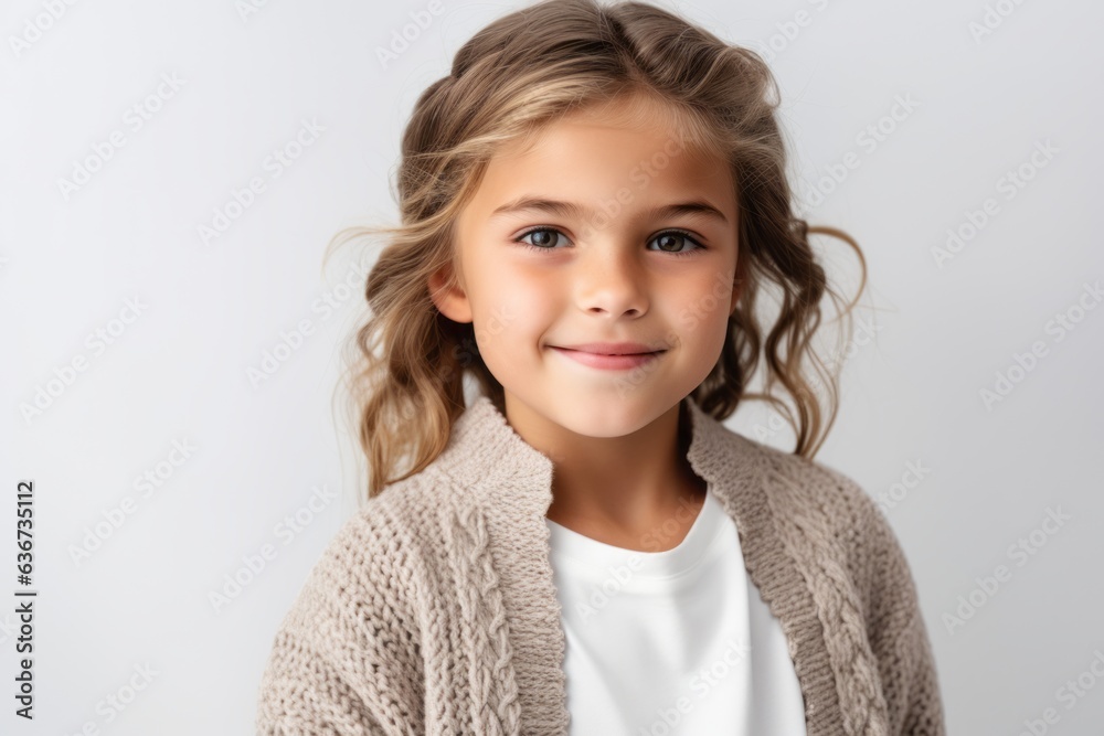 portrait of smiling little girl in beige sweater isolated on grey portrait of smiling little girl in beige sweater isolated on grey