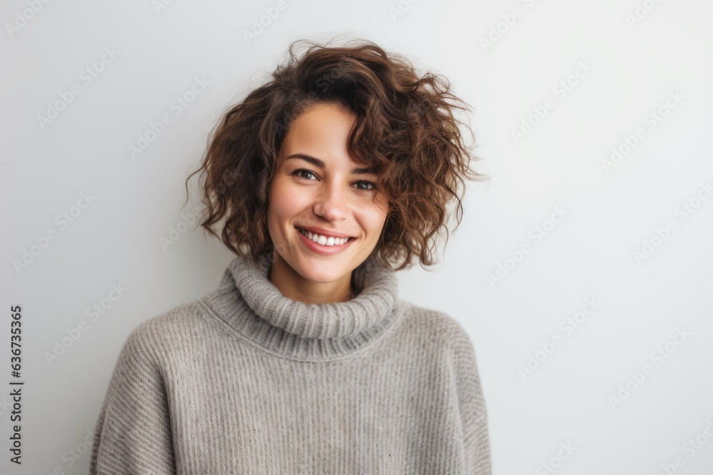 Portrait of a beautiful young woman with curly hair smiling at camera Portrait of a beautiful young woman with curly hair smiling at camera