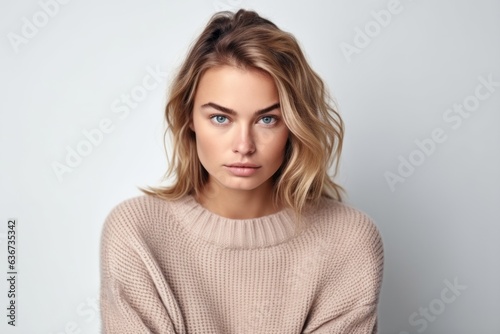 Portrait of a beautiful young blonde woman in a beige sweater.