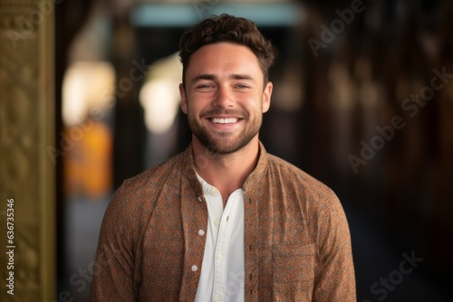 Portrait of a handsome young man smiling at the camera while standing in a restaurant