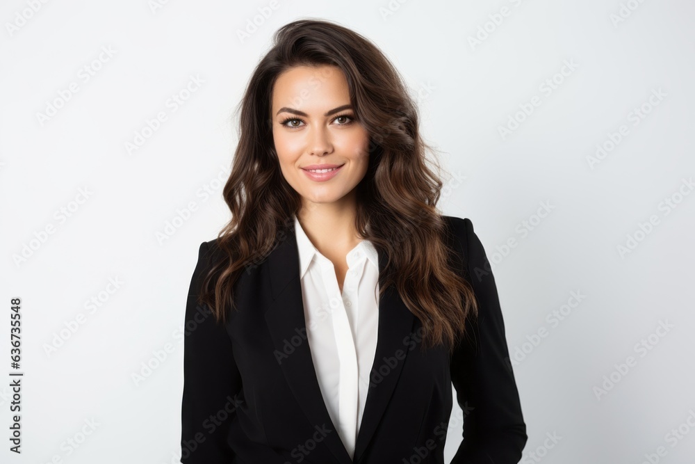Portrait of a smiling businesswoman in black suit on white background Portrait of a smiling businesswoman in black suit on white background