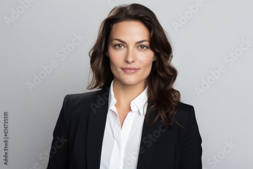Portrait of confident businesswoman in formal wear, isolated on grey background