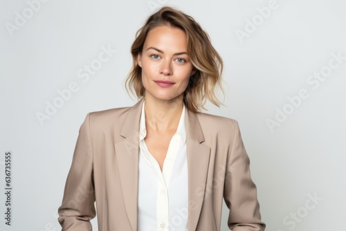Portrait of a beautiful young business woman in a suit on a white background