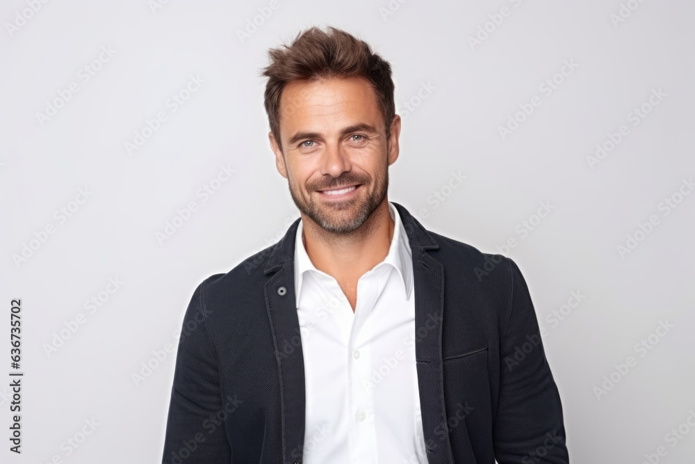 Portrait of handsome young man looking at camera and smiling while standing against white background Portrait of handsome young man looking at camera and smiling while standing against white background