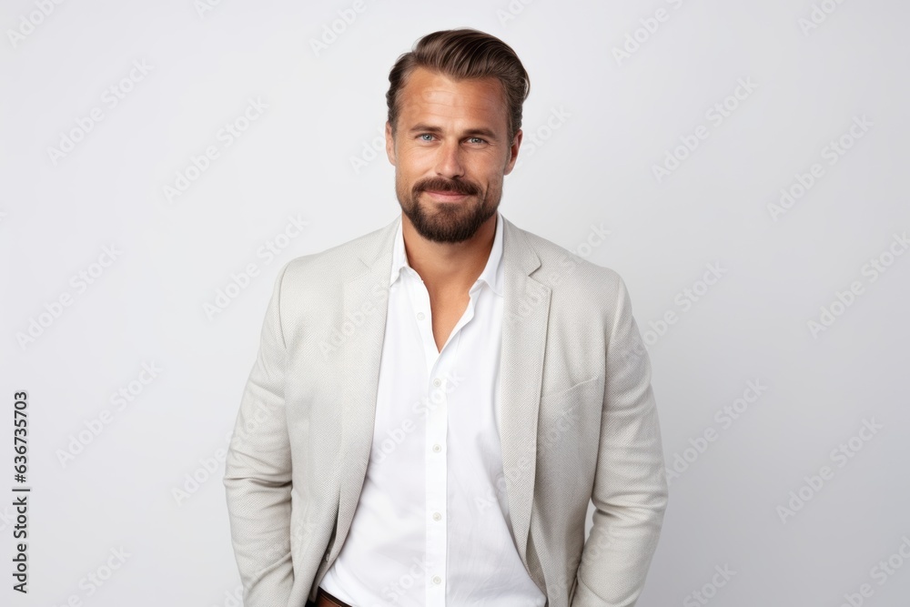 Portrait of handsome man with beard and mustache in white jacket. Portrait of handsome man with beard and mustache in white jacket.