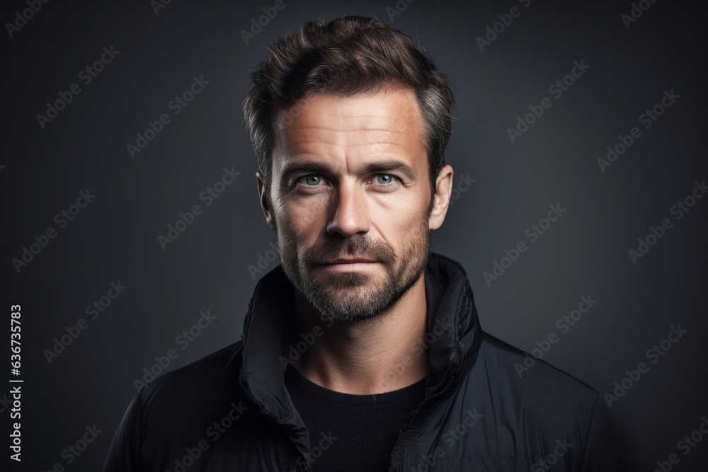 Portrait of a handsome man in a black jacket. Men's beauty, fashion.