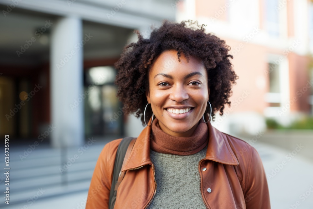 Portrait of a smiling young african american woman in urban background