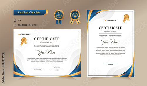 Blue and gold certificate of achievement template. For award, business, and education needs. Vector Illustration