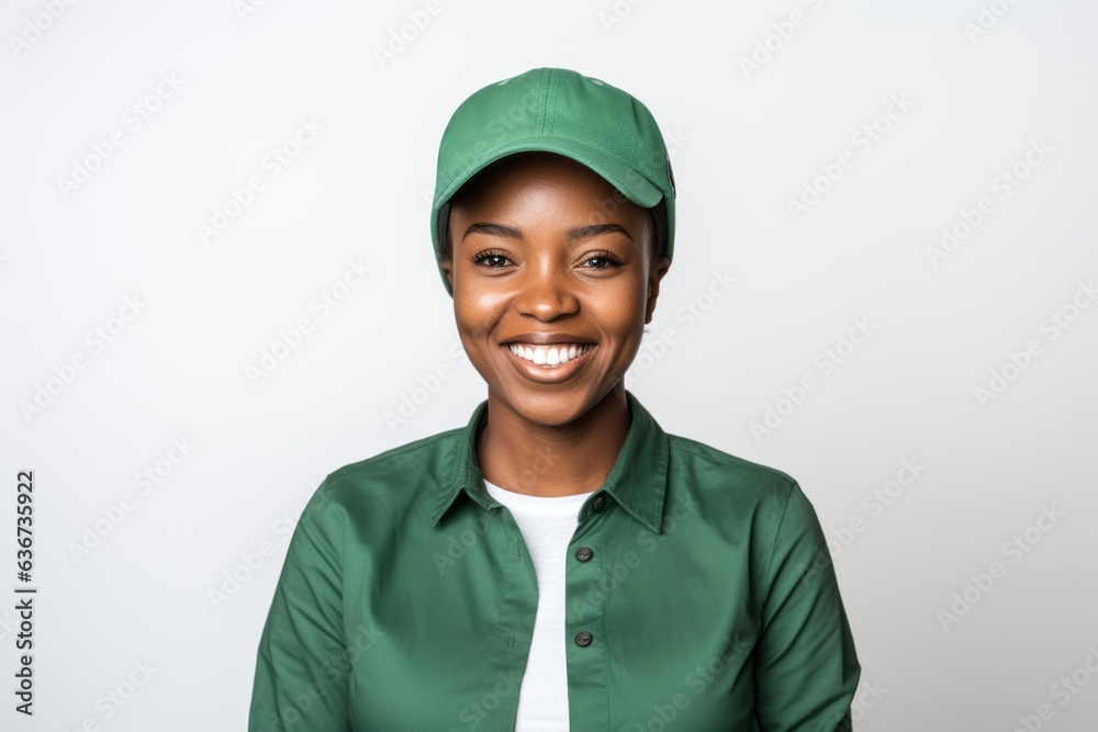smiling african american woman in cap looking at camera isolated on white smiling african american woman in cap looking at camera isolated on white