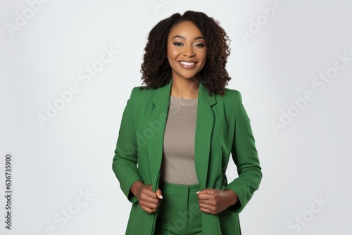 Portrait of smiling african american businesswoman in green suit