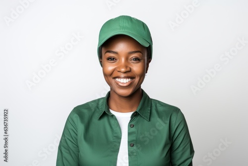 smiling african american woman in cap looking at camera isolated on white