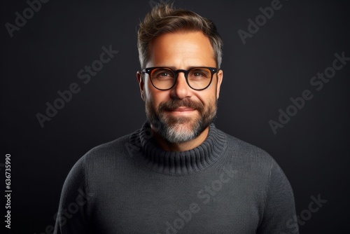 Portrait of a handsome bearded man in glasses on a black background