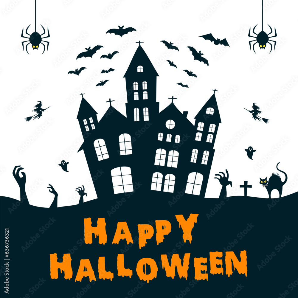 Happy halloween illustration with silhouette of castle at glowing moon and dead trees near cemetery crosses flat.