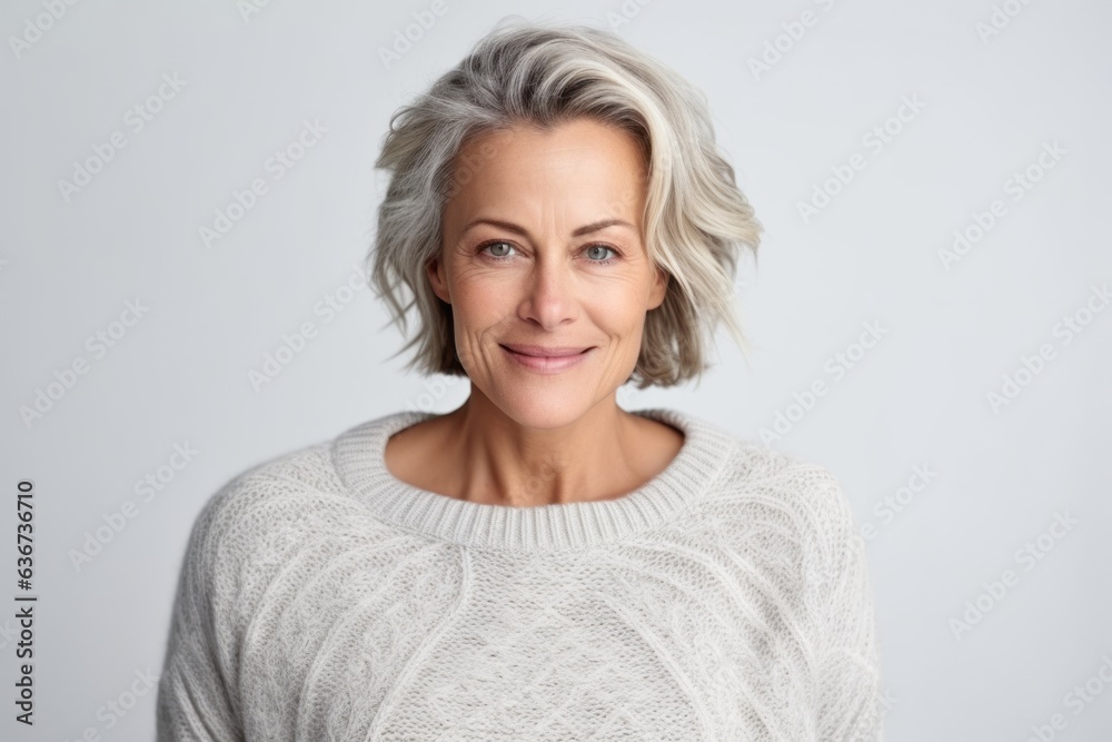 Portrait of beautiful middle-aged woman looking at camera over white background Portrait of beautiful middle-aged woman looking at camera over white background