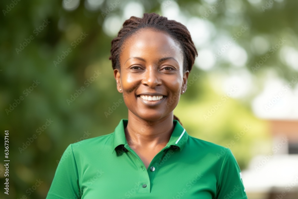 cheerful african american woman in green polo shirt cheerful african american woman in green polo shirt