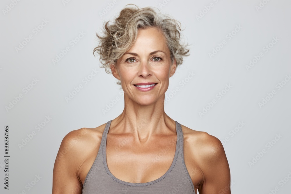 Portrait of smiling mature woman in sportswear against grey background Portrait of smiling mature woman in sportswear against grey background