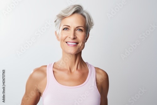 Portrait of a Russian woman in her 40s in a white background wearing a sporty tank top