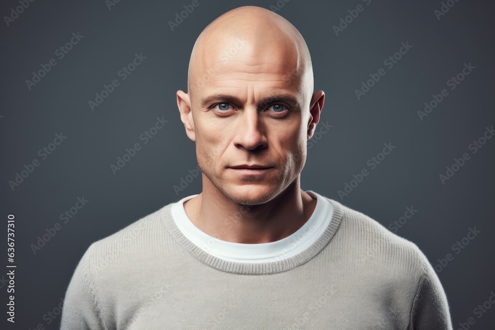 Portrait of a bald man in a gray sweater on a gray background Portrait of a bald man in a gray sweater on a gray background