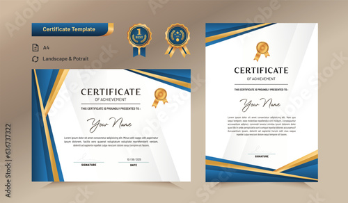 Blue and gold certificate of achievement template. For award, business, and education needs. Vector Illustration