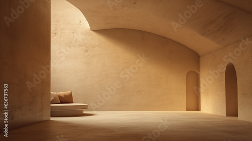 Minimalistic beige interior  raw limestone texture  textured stone background  warm color palette  3d rendering of a room in bright sunlight. Generative AI