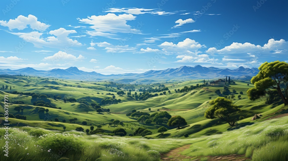Captivating Views: A Serene Summer Panorama Amidst Nature's Majestic Landscapes, generative AI