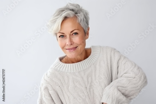 Portrait of smiling senior woman with grey hair standing against white background