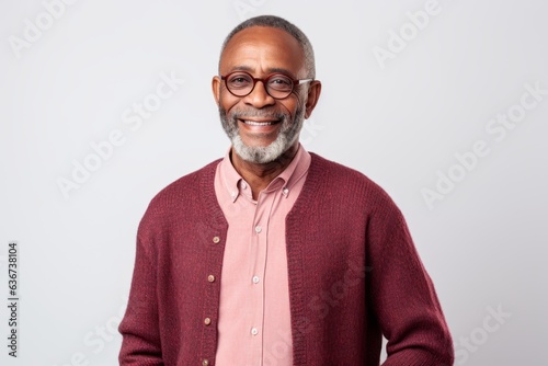 Portrait of a Nigerian man in his 50s in a white background wearing a chic cardigan © Hanne Bauer