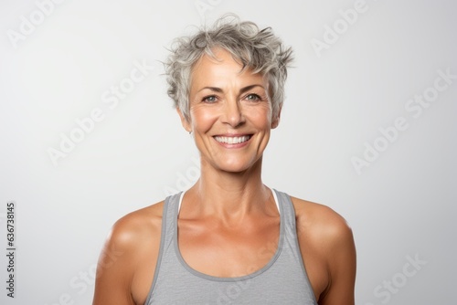 Portrait of a beautiful middle aged woman with grey hair smiling at the camera