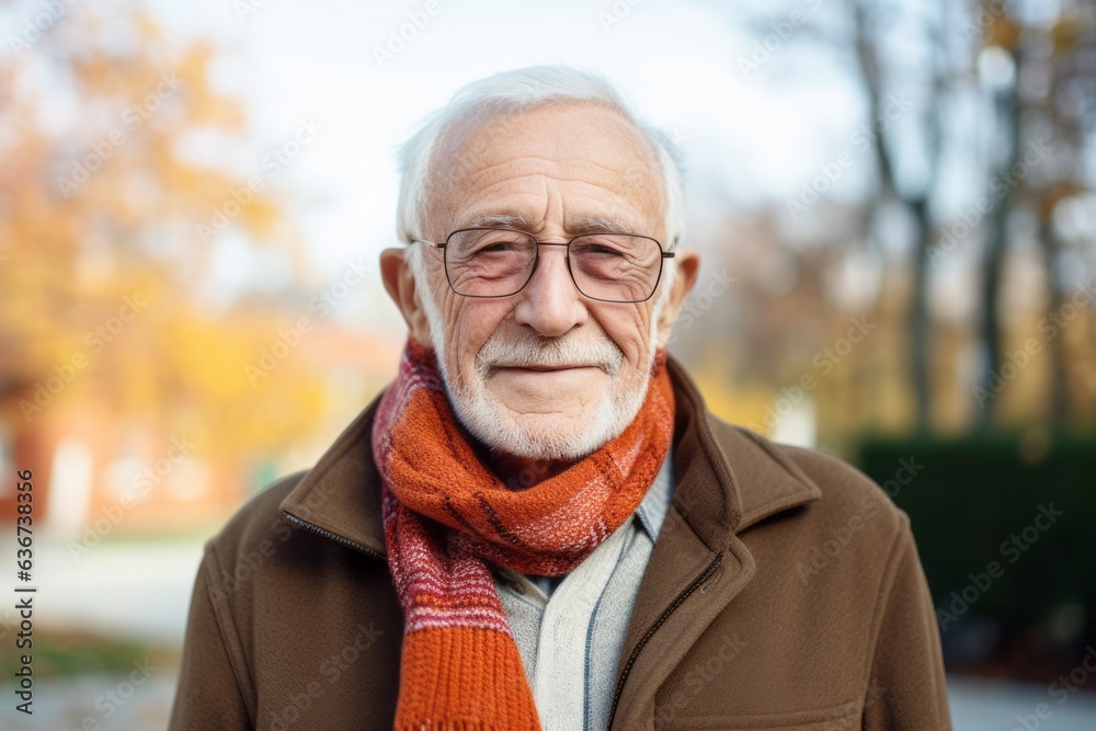 Portrait of a senior man wearing glasses and scarf in autumn park