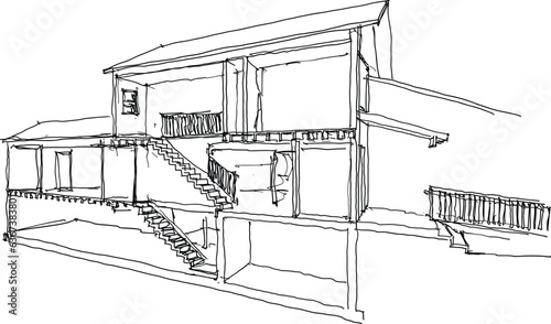 hand drawn architectural sketch of section of classic two story detached house with roof and stairs