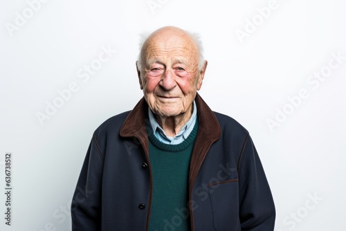 Portrait of an old man in a coat on a white background