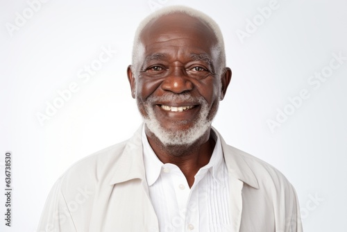 Portrait of a Nigerian man in his 60s in a white background wearing a chic cardigan