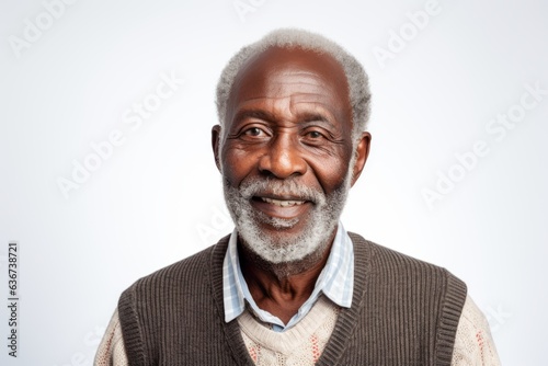 Portrait of a Nigerian man in his 70s in a white background wearing a chic cardigan