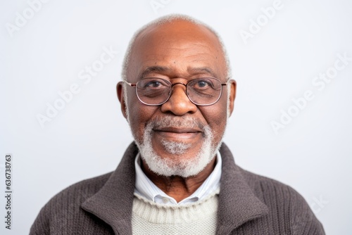 Portrait of a Nigerian man in his 70s in a white background wearing a chic cardigan