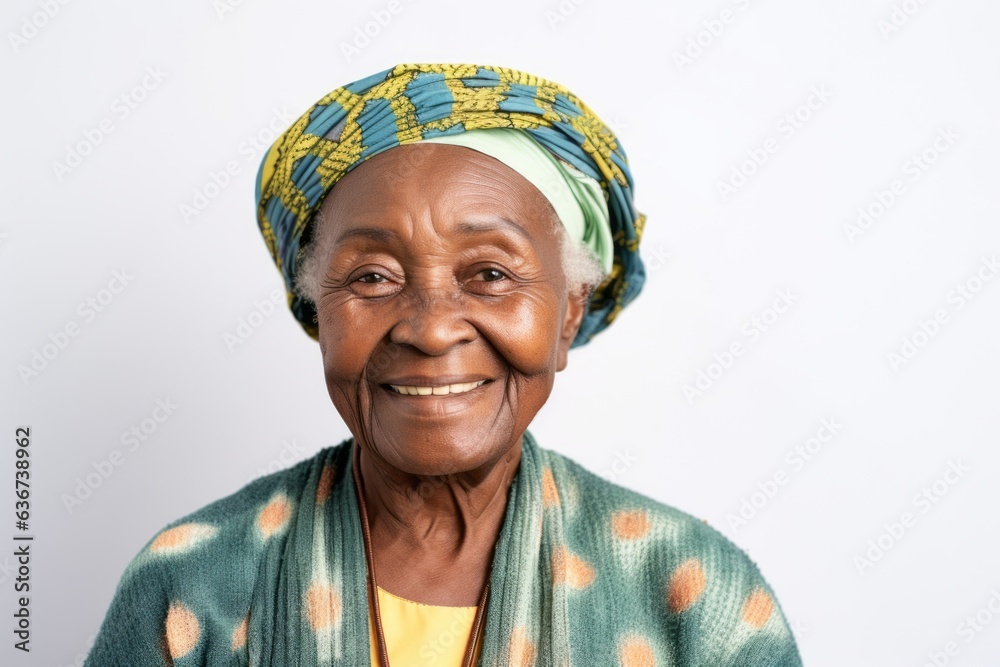 Portrait of a 100-year-old elderly Nigerian woman in a white background wearing a chic cardigan Portrait of a 100-year-old elderly Nigerian woman in a white background wearing a chic cardigan