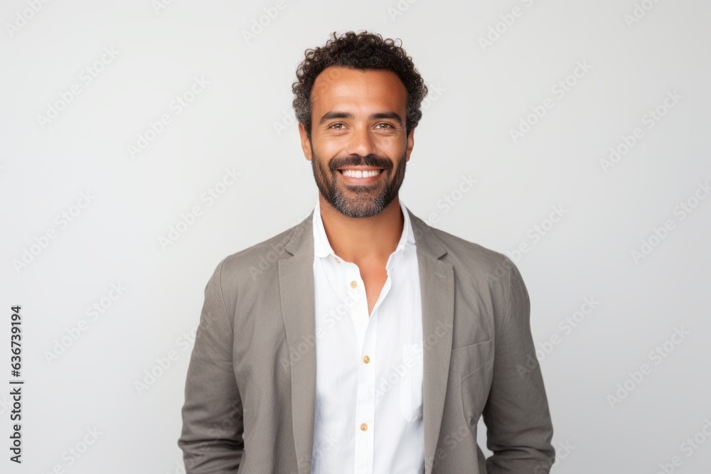 Portrait of a Brazilian man in his 30s in a white background wearing a chic cardigan