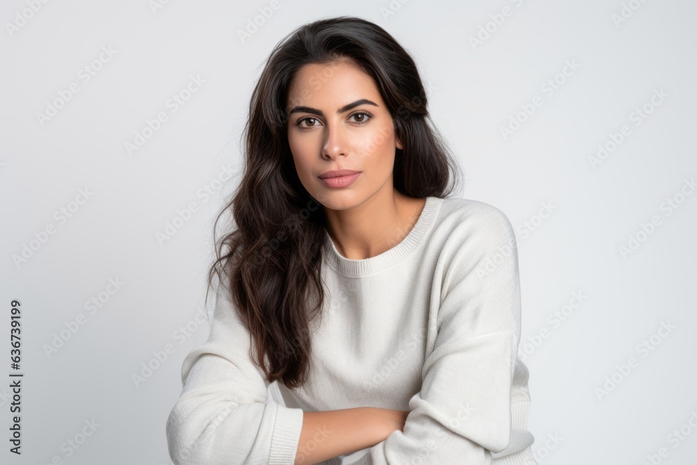 Portrait of a Saudi Arabian woman in her 30s in a white background wearing a cozy sweater